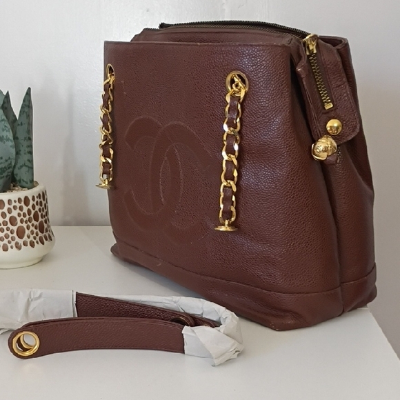 Vintage Chanel Brown Caviar Leather CC Chain Shoulder Bag Authentic - Picture 5 of 15